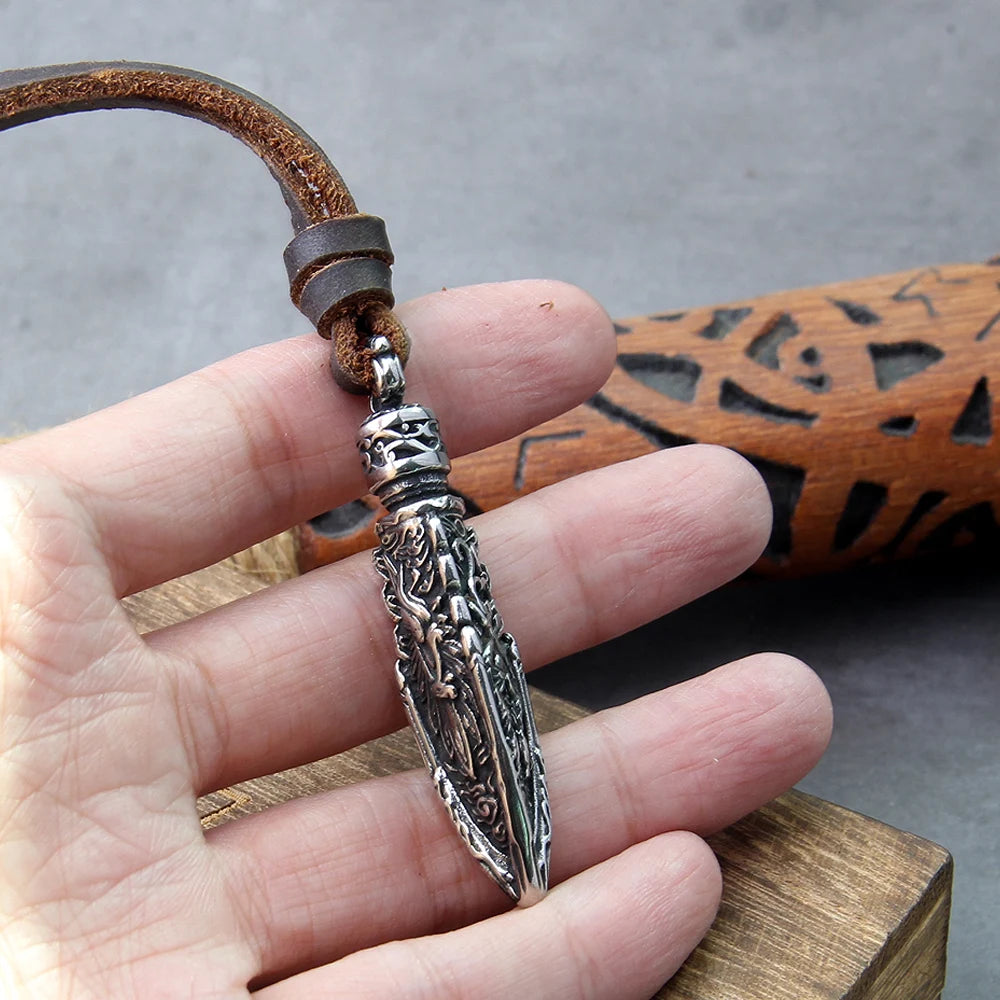 stainless steel Viking dragon spear Pendant Necklace with really cow leather chain As Men Gift with wooden box as gift