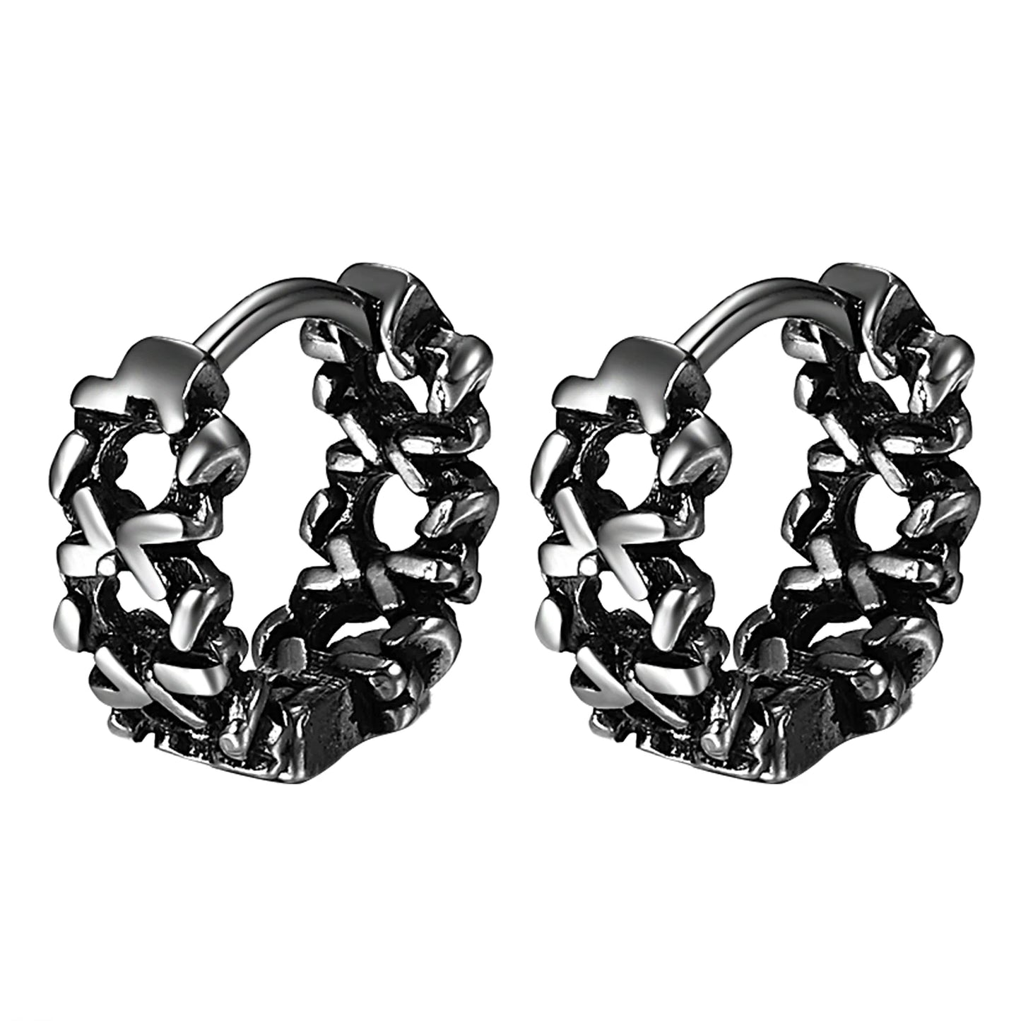 BONISKISS Cross Hollow Chain Stainless Steel Earrings Hoop Huggie Hinged Viking Runes Retro Gothic Ear Stud Men Women Unisex