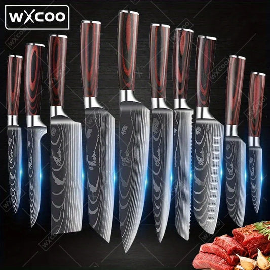 10 Pcs High Carbon Stainless Steel Damascus Knife Set Kitchen Chef Utility Slicer Cleaver Santoku Boning Vegetable Meat Knife