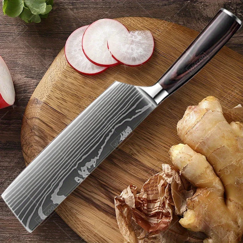 9 Pcs Kitchen Chef Knife Set High Carbon Stainless Steel Damascus Chef Knife Boning Knife Cleaver Santoku Slicer Vegetable