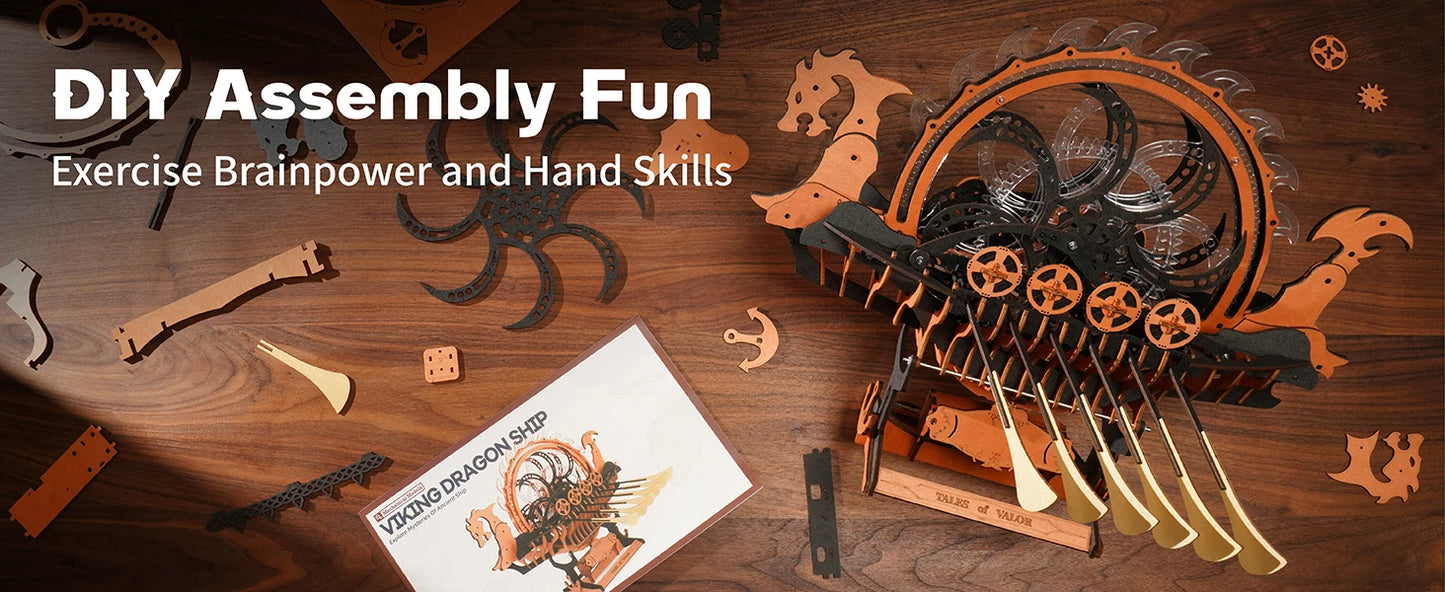 Robotime Boat Wooden Models 3D Puzzle Wooden Model Kits Viking Dragon Ship with Motor and LED Light Unique Gifts Ship