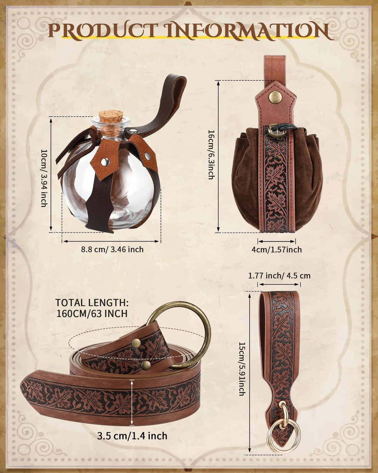 5-Piece Set of Unisex Renaissance Viking Steampunk, Medieval, Renaissance, Artificial Leather Belt, Hiking, Bottle, Wallet