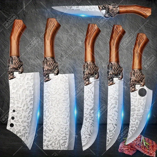 6PCS Professional Kitchen Chef Knife Set Handmade Forged Stainless Steel Meat Cleaver Utility Boning Vegetable Chopper Cutting