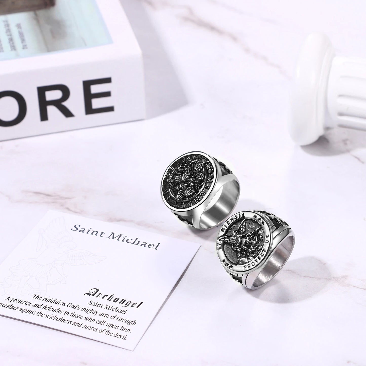 BONISKISS Men's St. Michael Ring Religious Seal Stainless Steel Ring Amulet Jewelry Gift Vintage Golden Sliver Male Fashionable