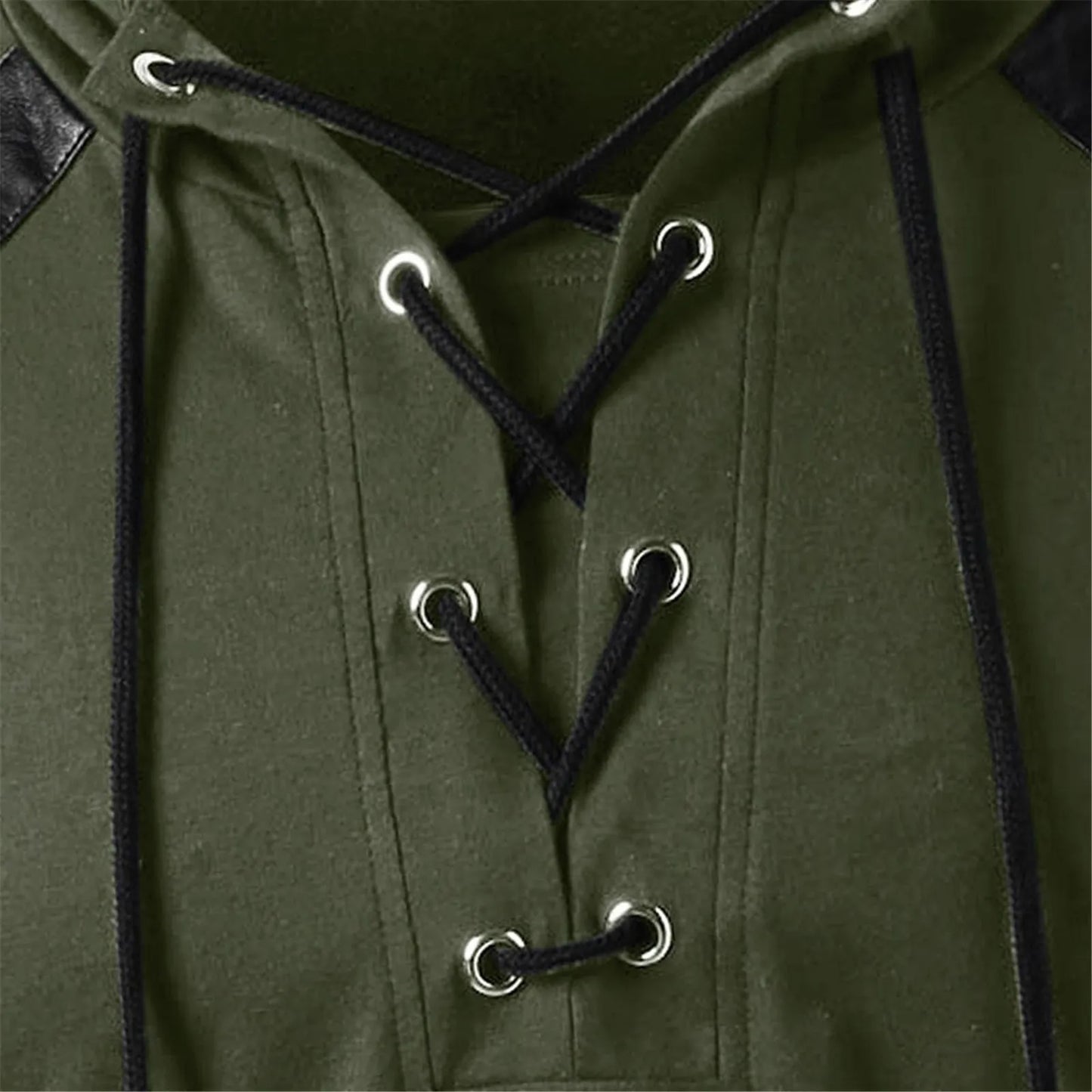 Leather Patchwork Drawstring Hooded Men's Tees Tops Long Sleeve V Neck Lace Up Blouses Vintage Medieval Plus Size Loose Clothing