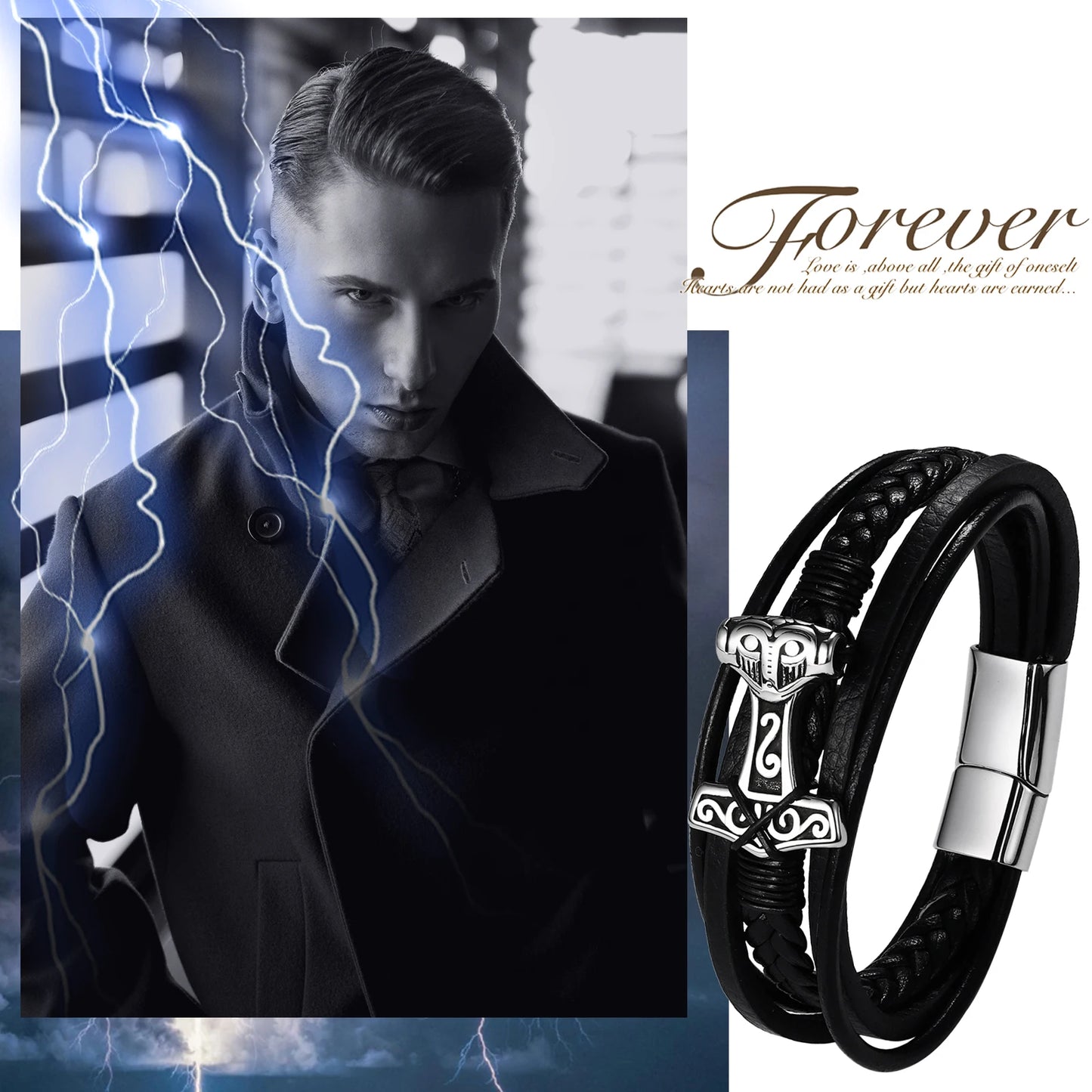 BONISKISS Mens Viking Thor's Hammer Norse Runes Vintage Leather Bracelet Amulet Mjolnir Jewelry Gift Magnetic Buckle Accessories