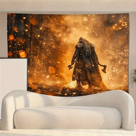 1pc Viking Warrior Tapestry Fire Axe Battle Wall Hanging Norse Mythology Art for Bedroom Man Cave School Start Season Gift