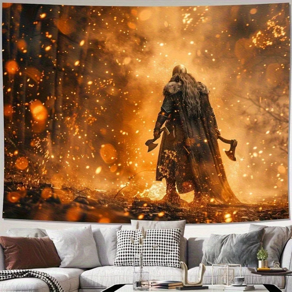 1pc Viking Warrior Tapestry Fire Axe Battle Wall Hanging Norse Mythology Art for Bedroom Man Cave School Start Season Gift