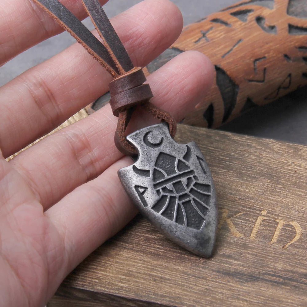 stainless steel Viking dragon spear Pendant Necklace with really cow leather chain As Men Gift with wooden box as gift