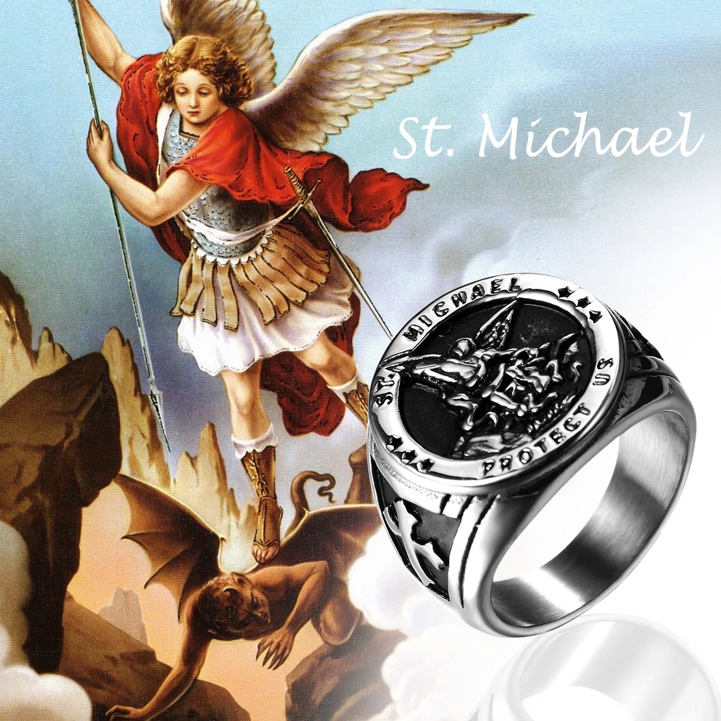 BONISKISS Men's St. Michael Ring Religious Seal Stainless Steel Ring Amulet Jewelry Gift Vintage Golden Sliver Male Fashionable
