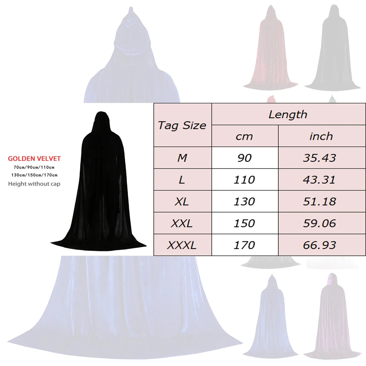 Medieval Hooded Cloak Unisex Multiple Sizes Solid Color Velvet Halloween Witch Cape Vintage Holiday Party Stage Long Poncho