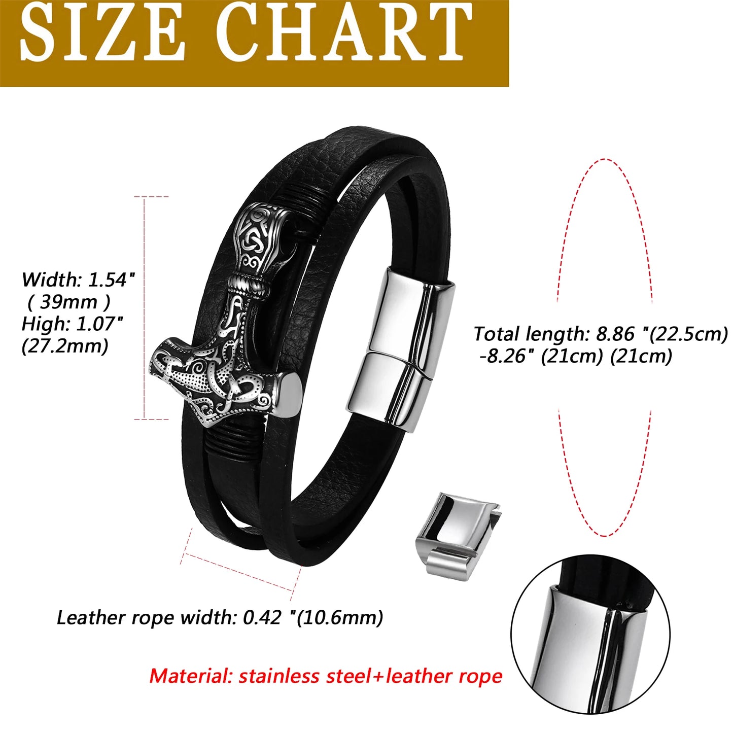 BONISKISS Mens Viking Thor's Hammer Norse Runes Vintage Leather Bracelet Amulet Mjolnir Jewelry Gift Magnetic Buckle Accessories