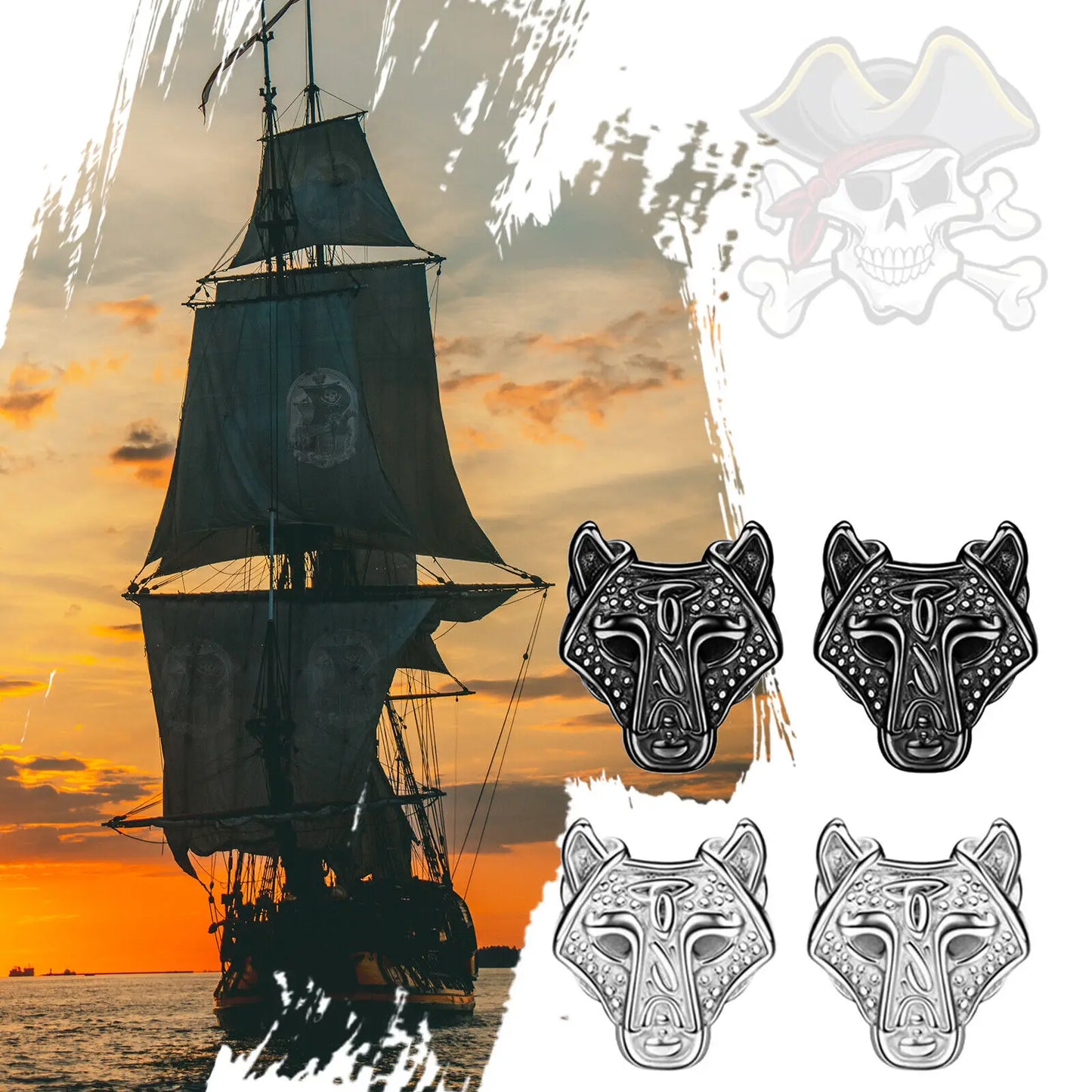 Boniskiss 4pcs Punk Norse Viking Runes Fenrir Wolf Head Amulet Earrings Hip Hop Stainless Steel Stud 20G for Men Women Unisex
