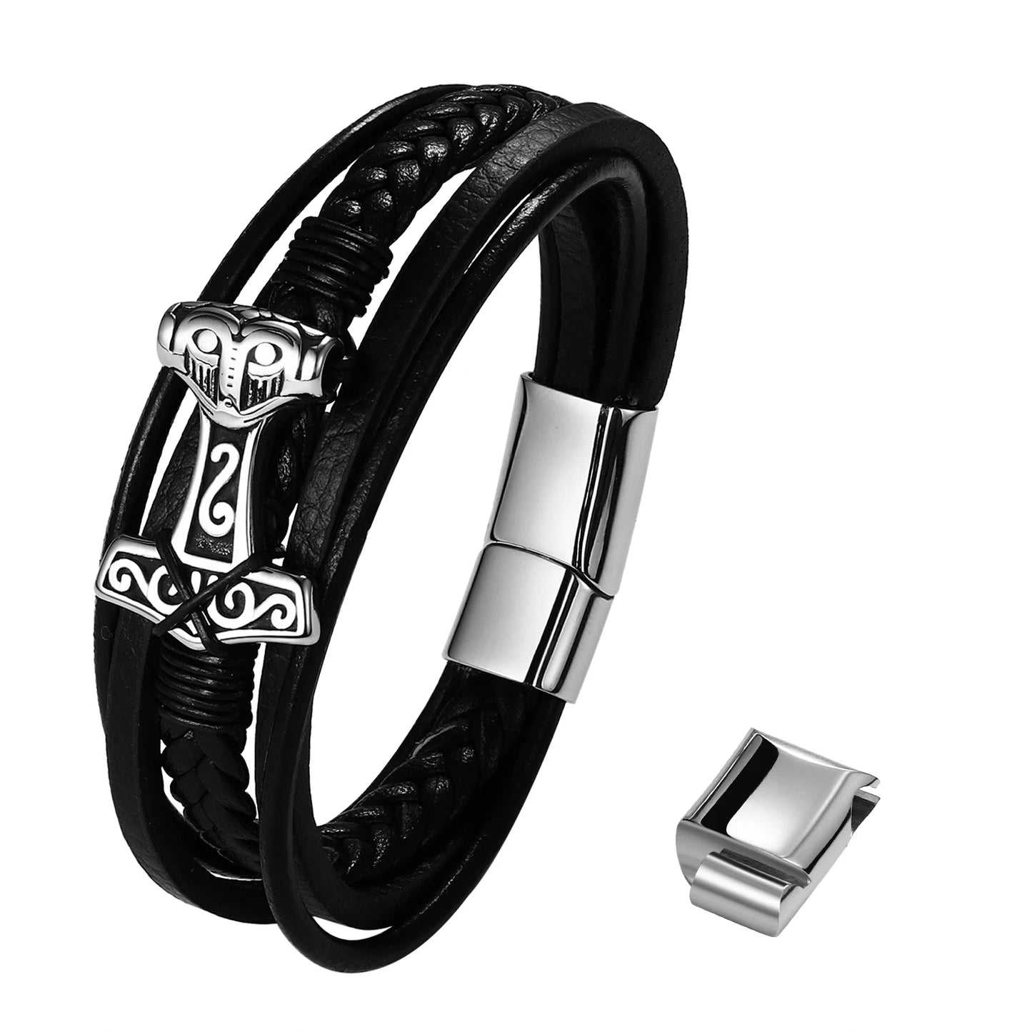 BONISKISS Mens Viking Thor's Hammer Norse Runes Vintage Leather Bracelet Amulet Mjolnir Jewelry Gift Magnetic Buckle Accessories