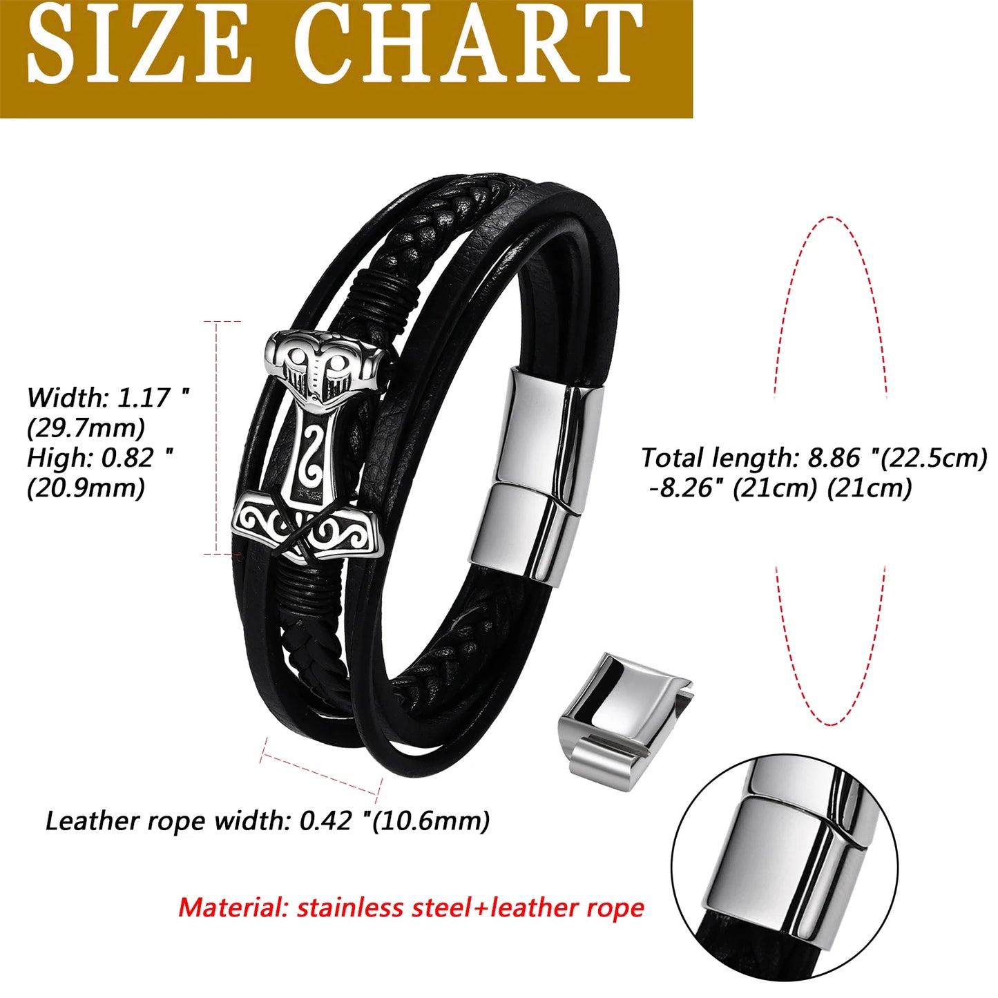 BONISKISS Mens Viking Thor's Hammer Norse Runes Vintage Leather Bracelet Amulet Mjolnir Jewelry Gift Magnetic Buckle Accessories