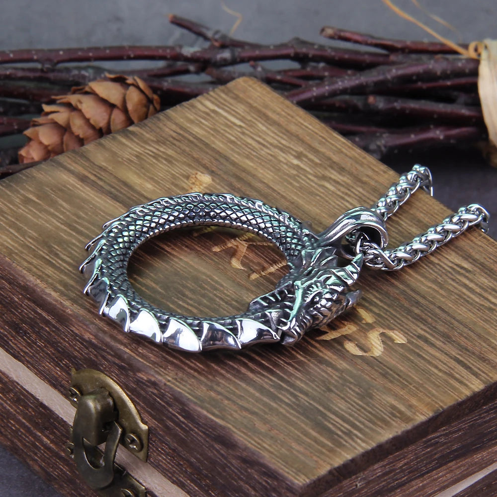 Never Fade Gold plated rotating life tree in Amulet ouroboros Pendant Necklace with vikings wood box