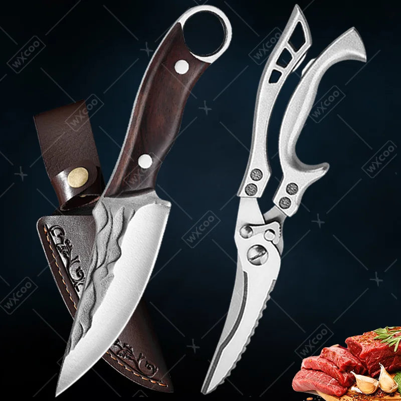 2pcS Kitchen Knife Stainless Steel Handmade Boning Cleaver Butcher Scissors Vegetable Fruit Bone Knife