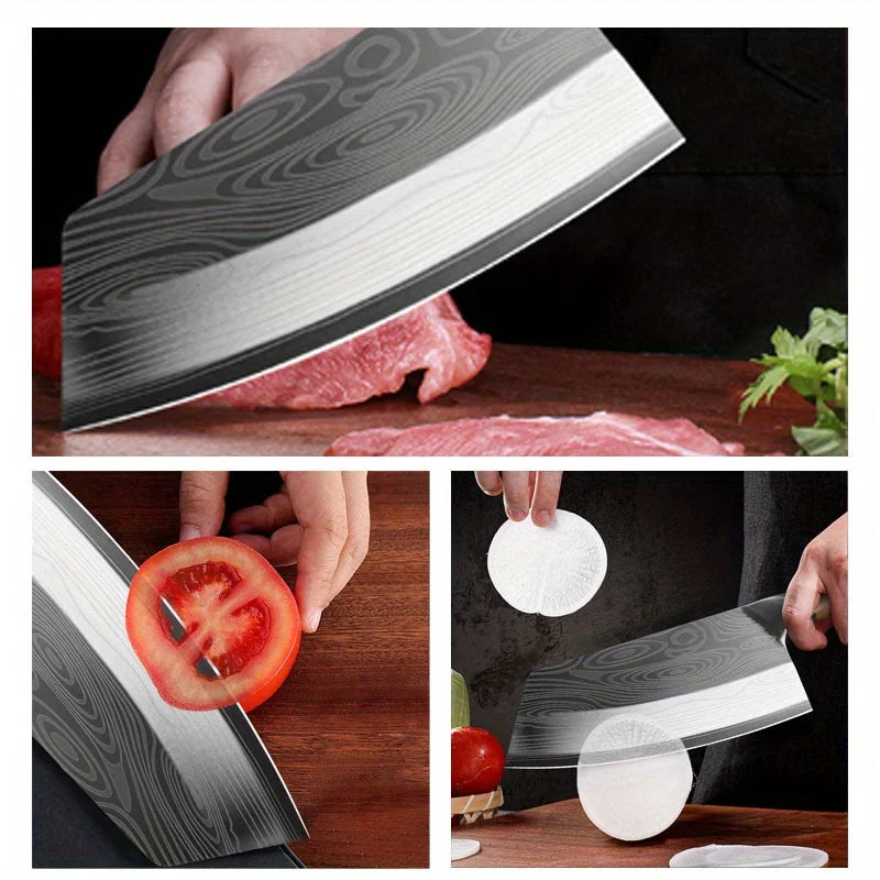3Pcs Multipurpose Mini Knife Set Stainless Steel Pocket Knife High Carbon Chef Knife with Laser Damascus Pattern