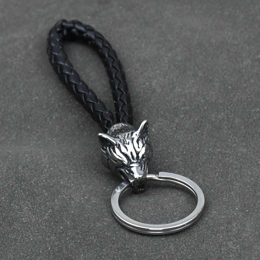 Stainless Steel Wolf Amulet Braided Leather Keychain Viking