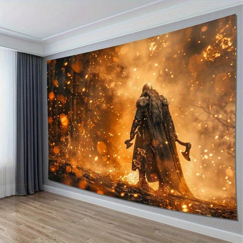 1pc Viking Warrior Tapestry Fire Axe Battle Wall Hanging Norse Mythology Art for Bedroom Man Cave School Start Season Gift