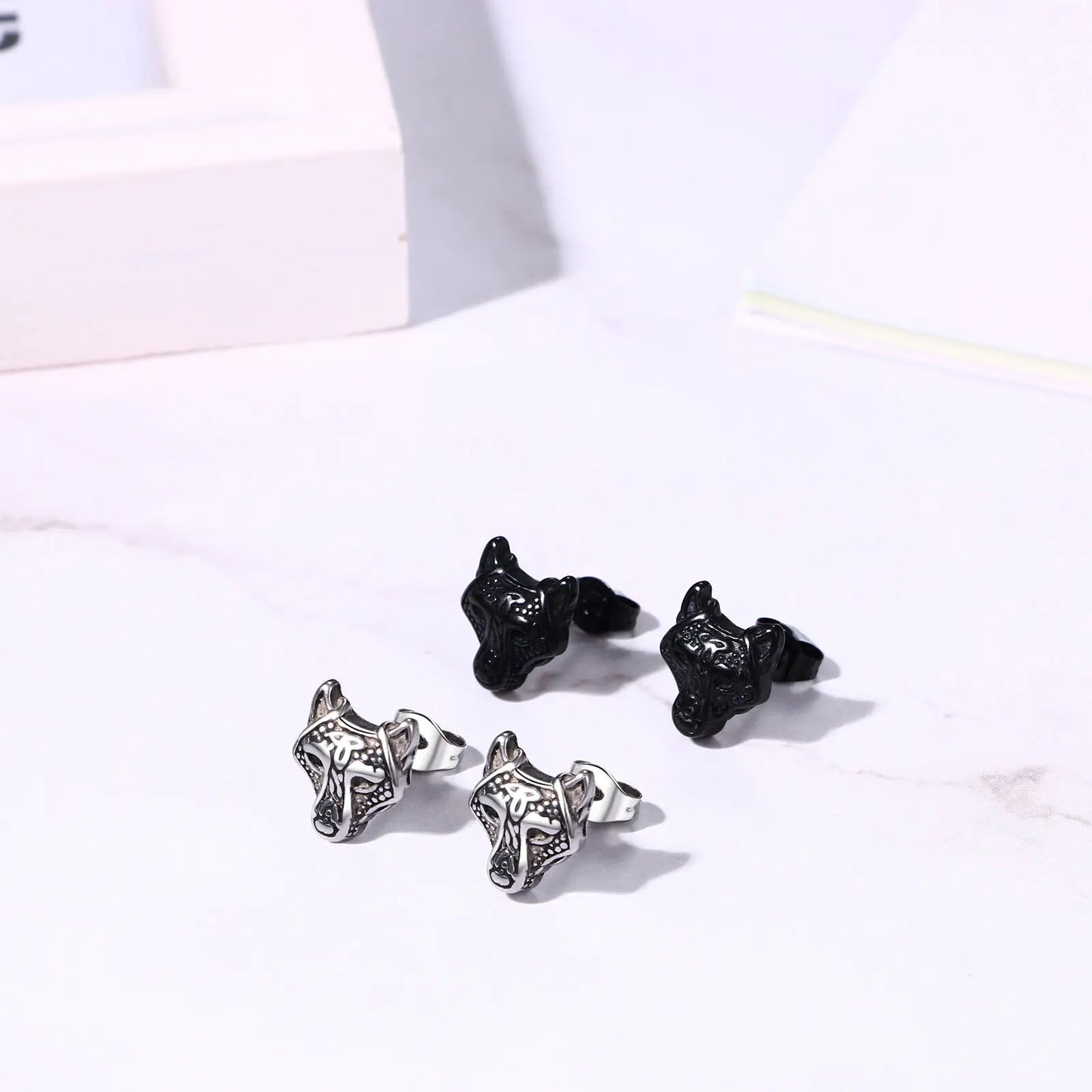 Boniskiss 4pcs Punk Norse Viking Runes Fenrir Wolf Head Amulet Earrings Hip Hop Stainless Steel Stud 20G for Men Women Unisex