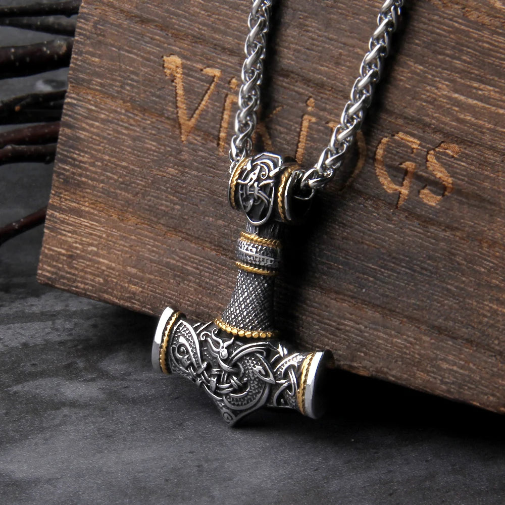 Stainless Steel Thor's Hammer Necklace Viking Dragon