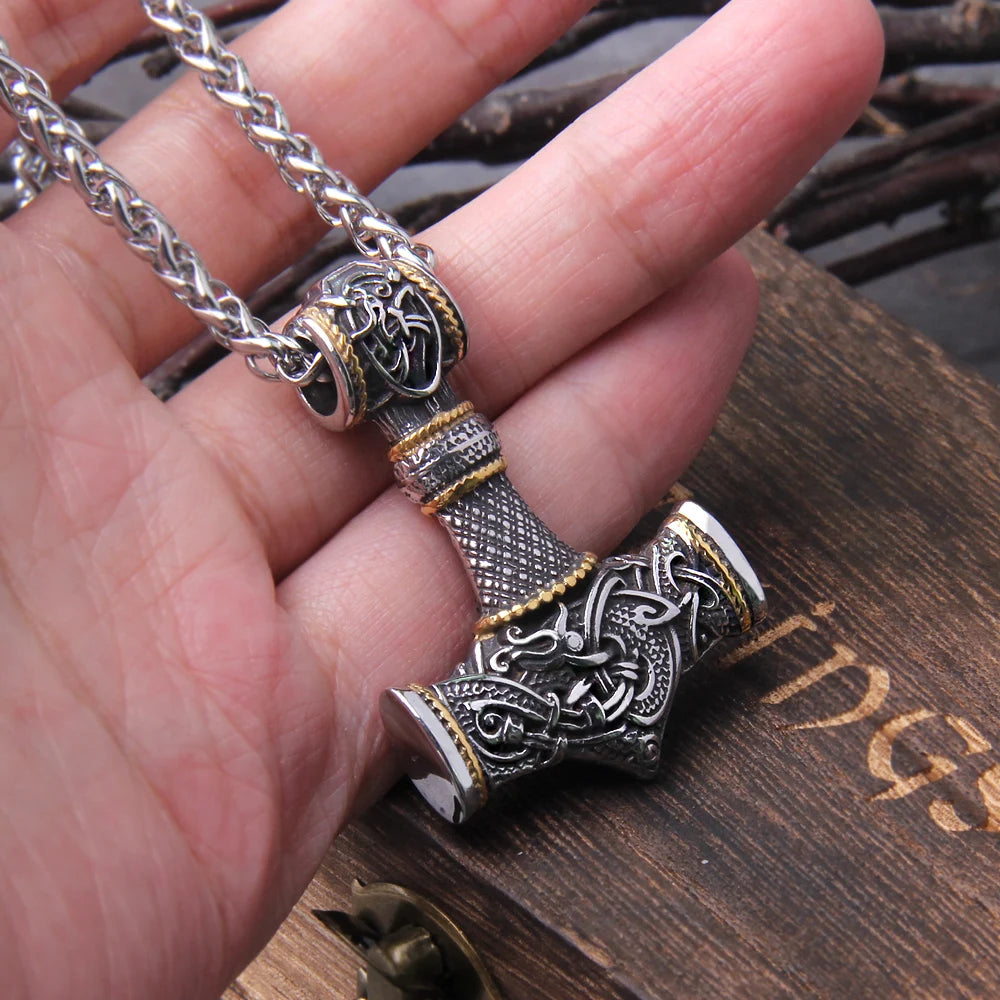Stainless Steel Thor's Hammer Necklace Viking Dragon