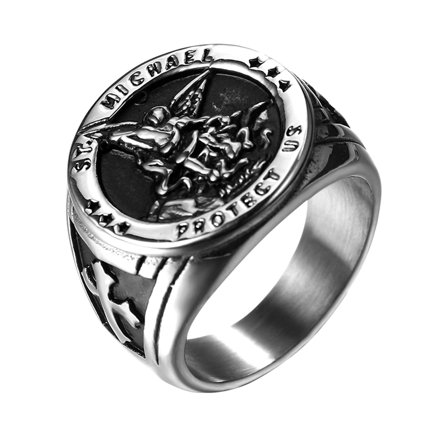 BONISKISS Men's St. Michael Ring Religious Seal Stainless Steel Ring Amulet Jewelry Gift Vintage Golden Sliver Male Fashionable