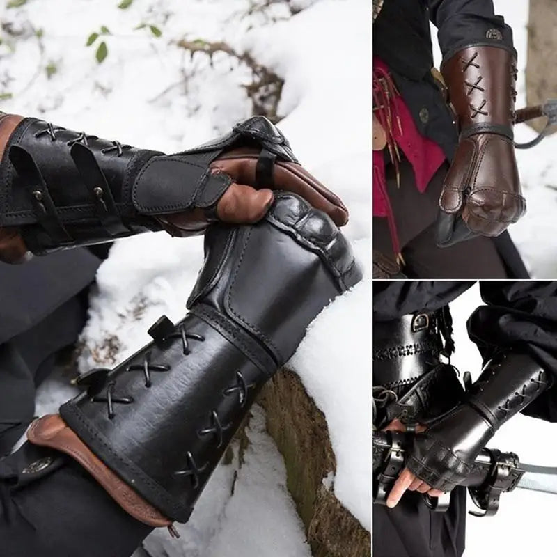 new Medieval Gloves Long Glove Artificial Leather Viking Wrist Guard Steampunk Medieval Viking Gauntlet Cosplay Costume