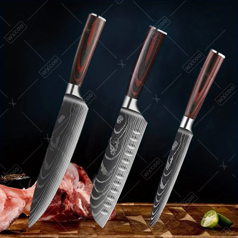 9 Pcs Kitchen Chef Knife Set High Carbon Stainless Steel Damascus Chef Knife Boning Knife Cleaver Santoku Slicer Vegetable