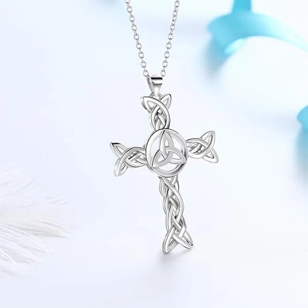 Celtic Knot Cross Pendant Necklace for Women Men 925 Sterling Silver Necklace Triangle Pendant Jewelry for Mom Grandma