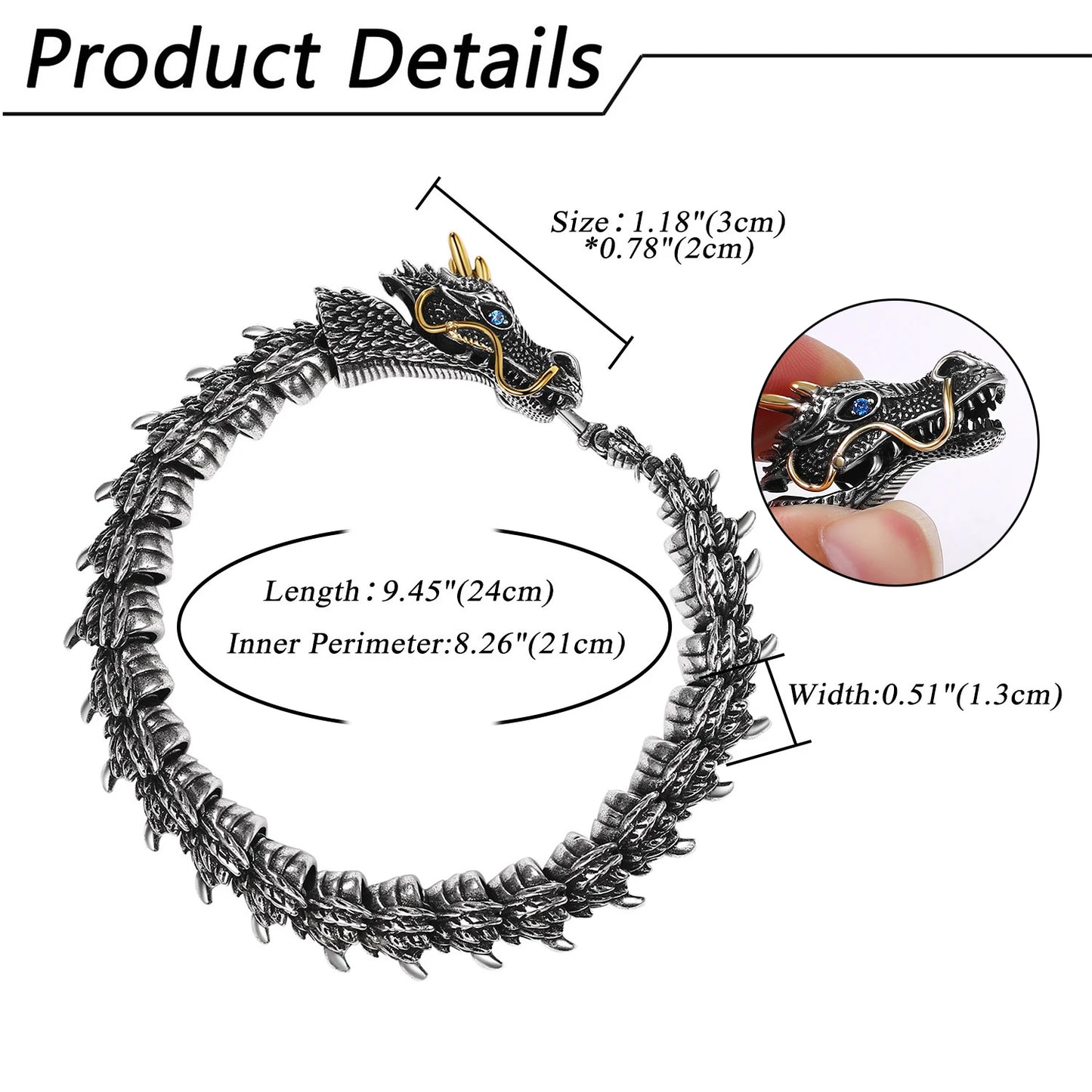 BONISKISS Men's Superior Dragon Bracelet Flexible Bendable Stainless Steel Snake Chain Charming Vintage Jewellery Unique Gift