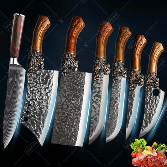 7PCS Professional Kitchen Chef Knife Set Stainless Steel Multipurpose Utility Boning Butcher Paring Cleaver Fish Meat Cutting