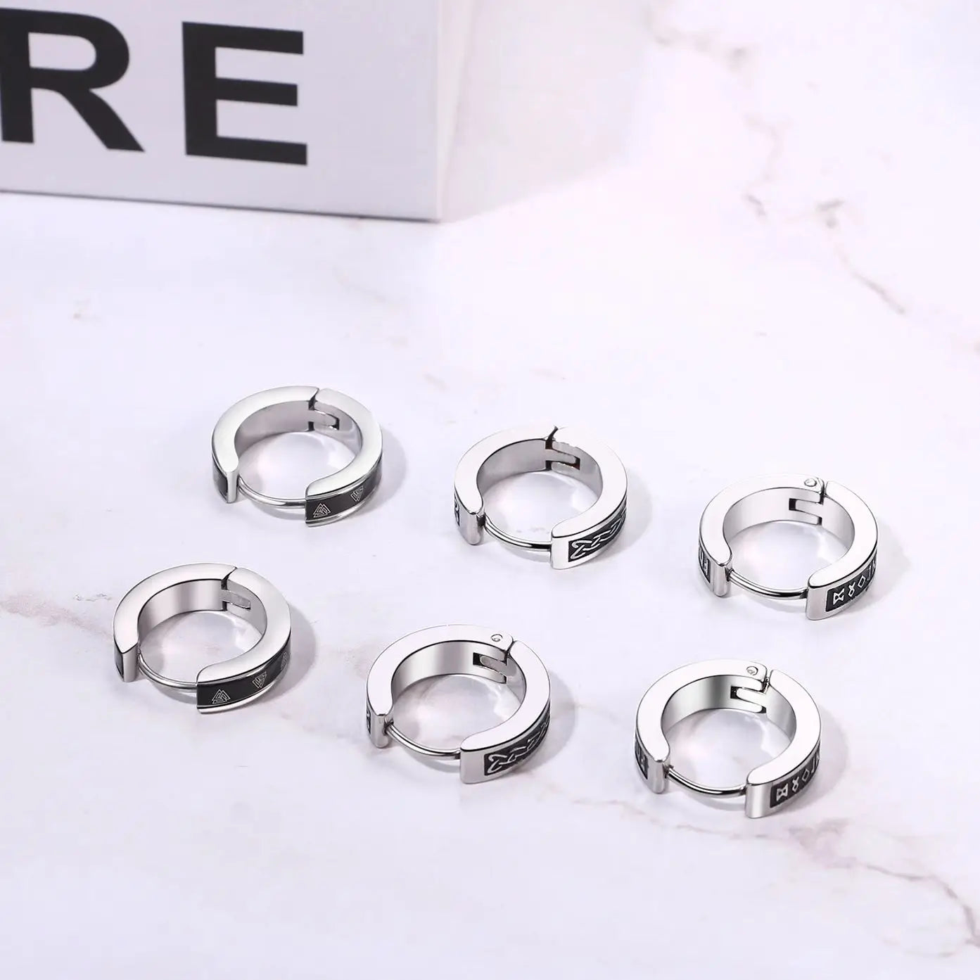 BONISKISS Men's Viking Rune Embrace Earrings Stainless Steel Three Pair Hoop Earrings Pendientes Geometric Loop Jewelry Gifts