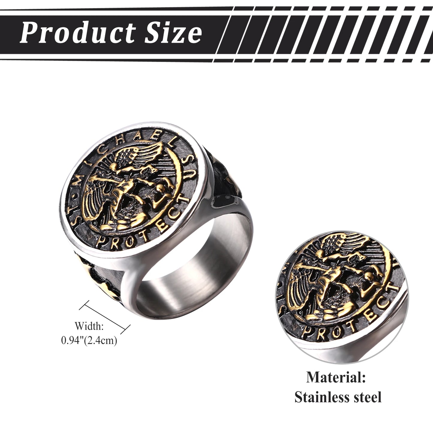 BONISKISS Men's St. Michael Ring Religious Seal Stainless Steel Ring Amulet Jewelry Gift Vintage Golden Sliver Male Fashionable