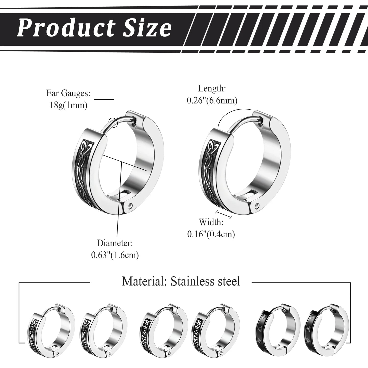 BONISKISS Men's Viking Rune Embrace Earrings Stainless Steel Three Pair Hoop Earrings Pendientes Geometric Loop Jewelry Gifts