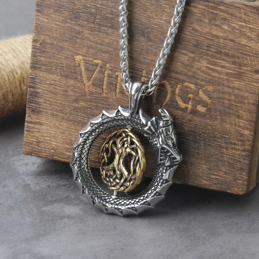 Never Fade Gold plated rotating life tree in Amulet ouroboros Pendant Necklace with vikings wood box
