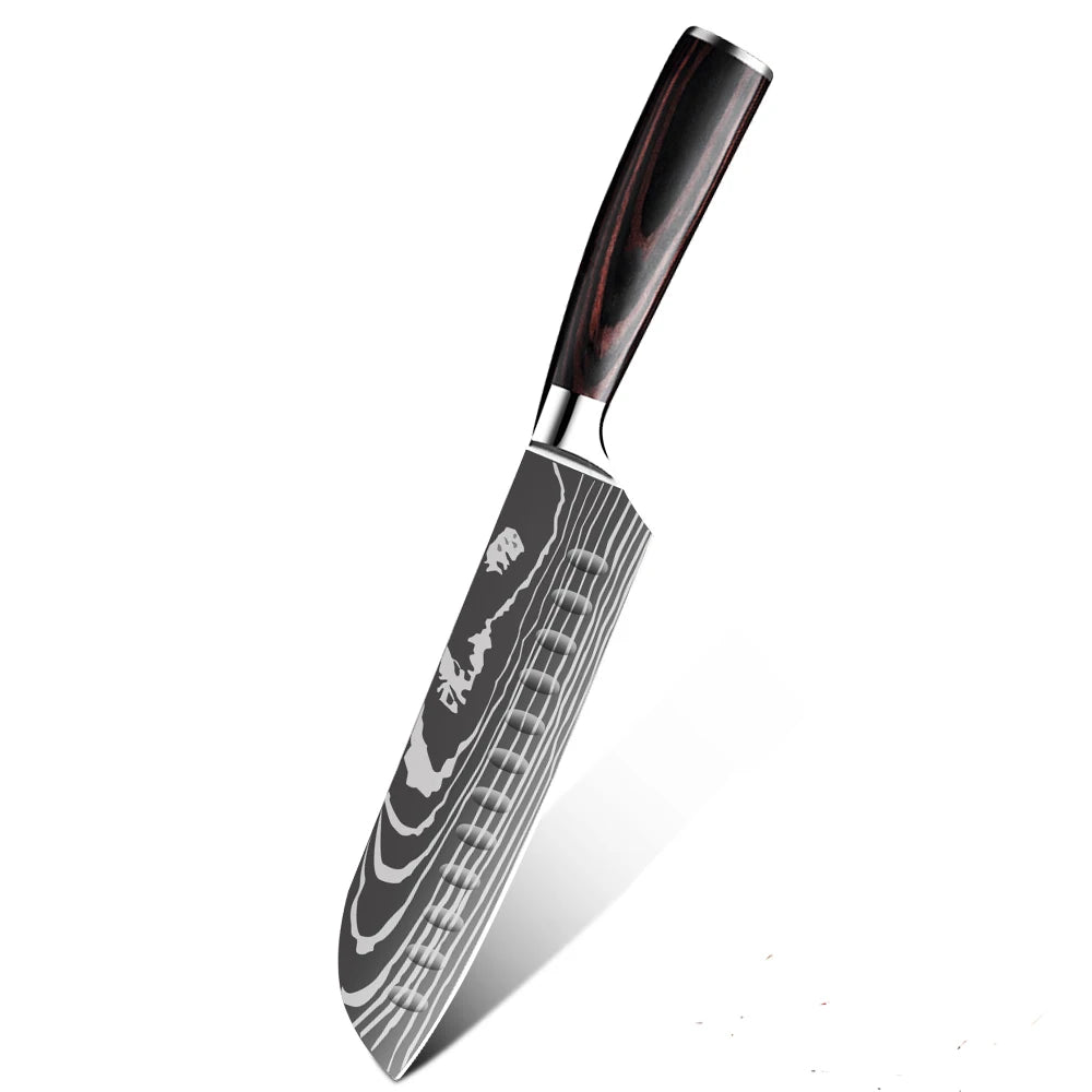 Sharp Kitchen Knife Wooden Handle Stainless Steel Meat Cleaver Kitchen Paring Knives Laser Damascus Pattern Chef Knife