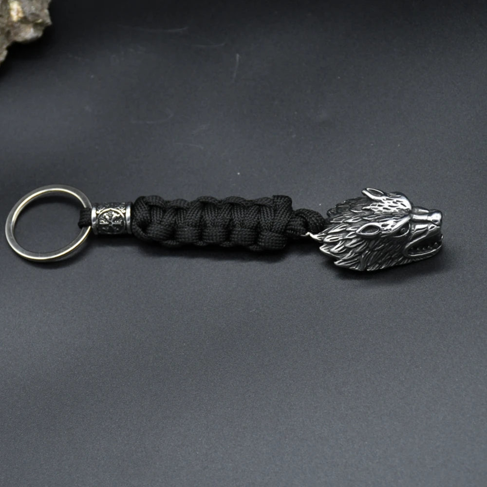 Viking Wolf Head Stainless Steel Paracord Keyring Norse