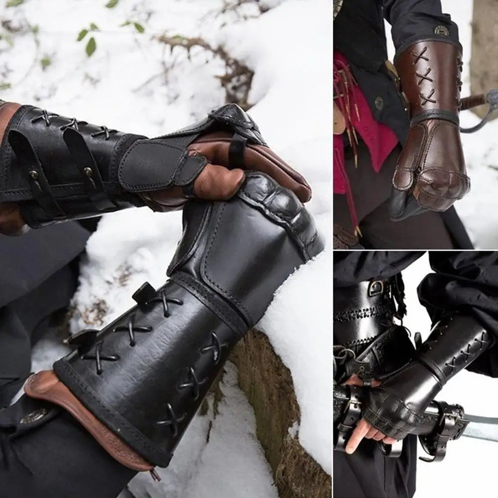 new Medieval Gloves Long Glove Artificial Leather Viking Wrist Guard Steampunk Medieval Viking Gauntlet Cosplay Costume