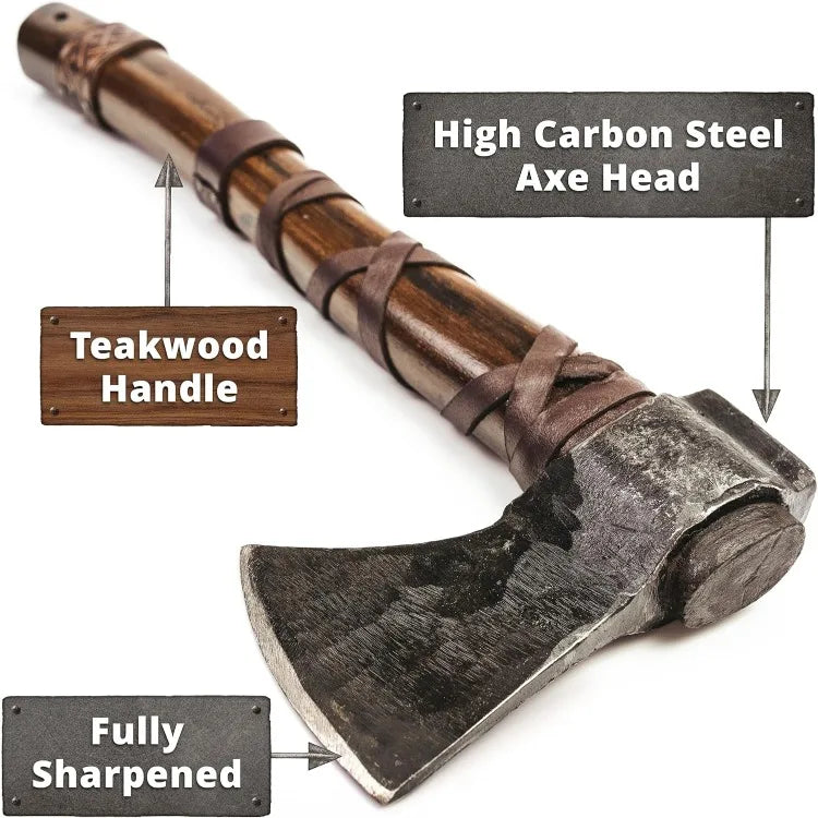 14" Viking Throwing Axe - Fully Sharpened Norse Hand-Axe - Carbon Steel Axe Head with Premium Leather Cross-Stitch