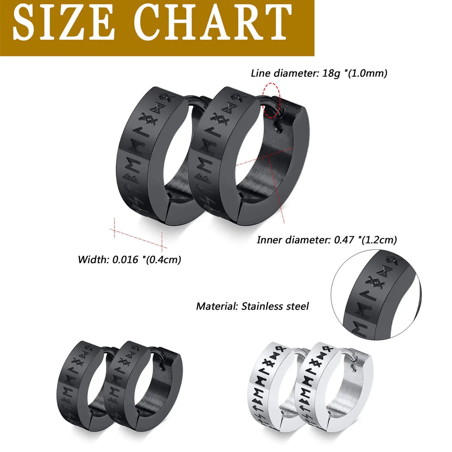 BONISKISS 2 Pairs Norse Viking Earrings Stainless Steel Nordic Elder Futhark Runes Hoop Huggie Hinged Fake Stud Men Women Unisex