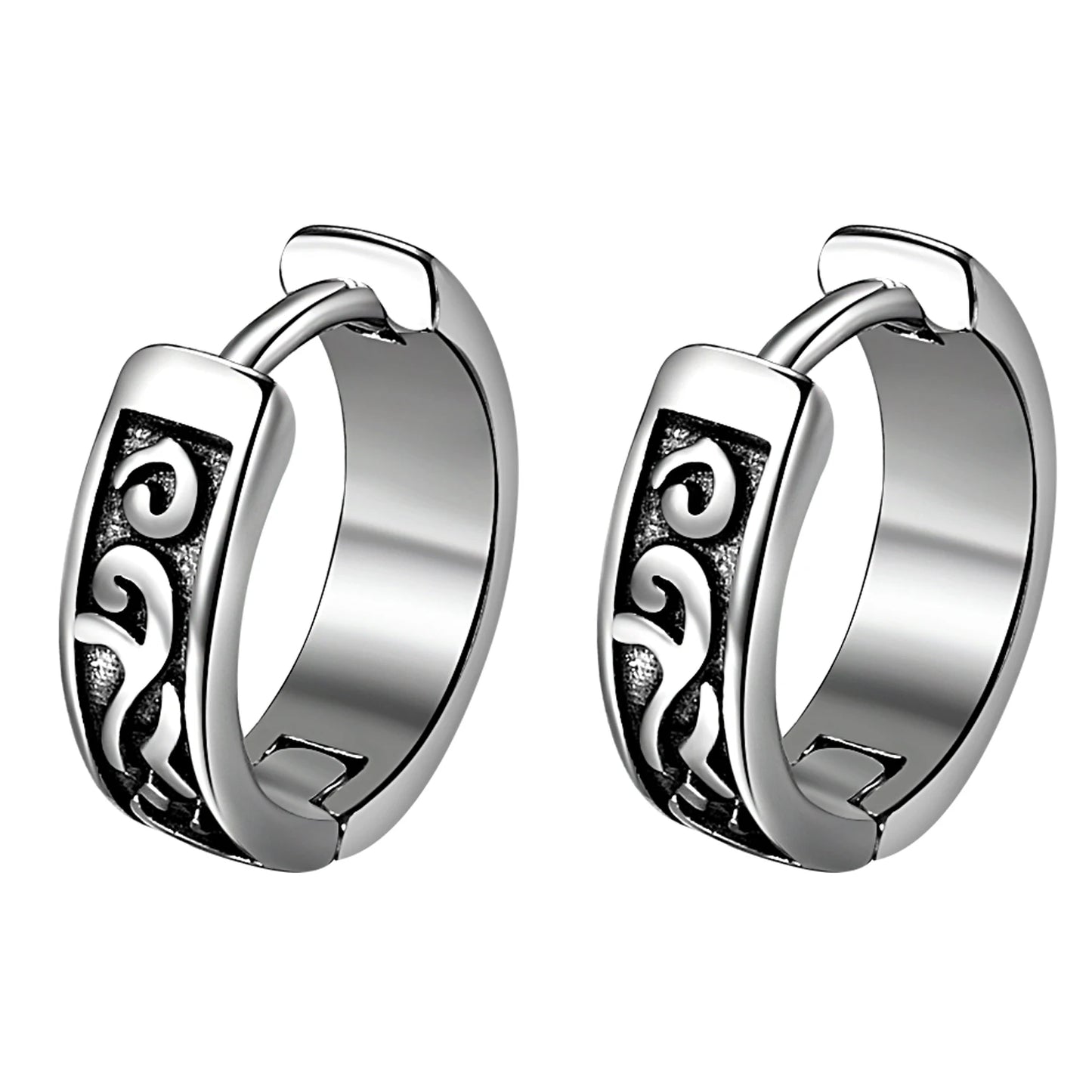 BONISKISS Cross Hollow Chain Stainless Steel Earrings Hoop Huggie Hinged Viking Runes Retro Gothic Ear Stud Men Women Unisex