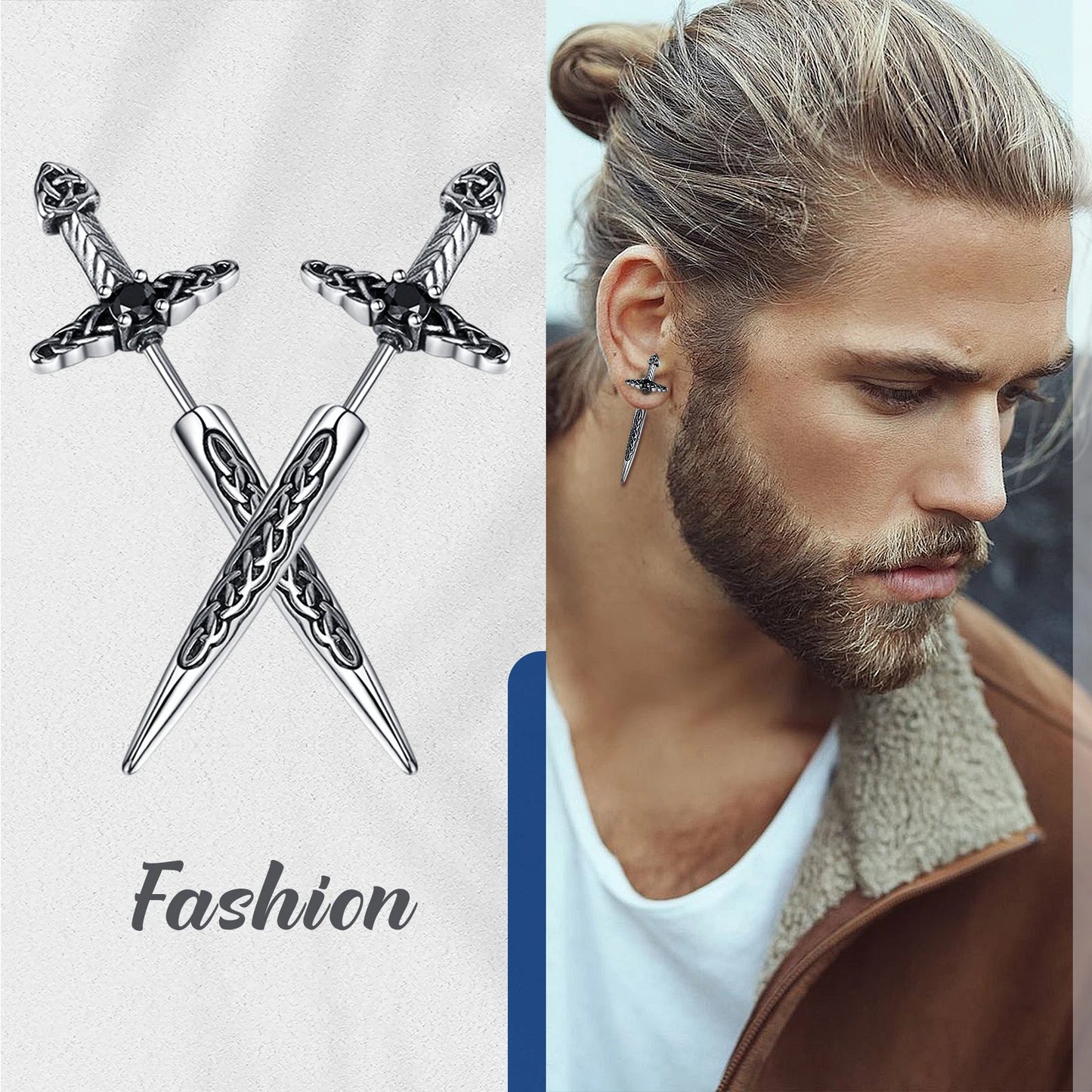 BONISKISS Men's and Women's Sword Earrings Gothic Dagger Earrings Stainless Steel Viking Zircon Tip Piercing Ring Jewelry Gift