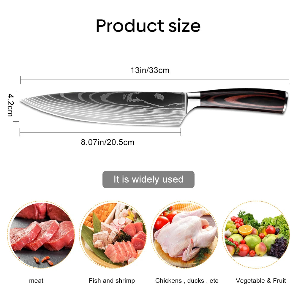 Sharp Kitchen Knife Wooden Handle Stainless Steel Meat Cleaver Kitchen Paring Knives Laser Damascus Pattern Chef Knife