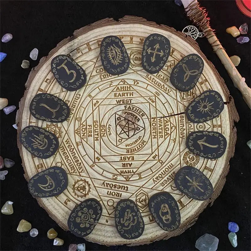 Wooden Rune Divination Game Set Rune Stones With Storage Bag Black Divination Props Set With Storage Bag Norse Runes