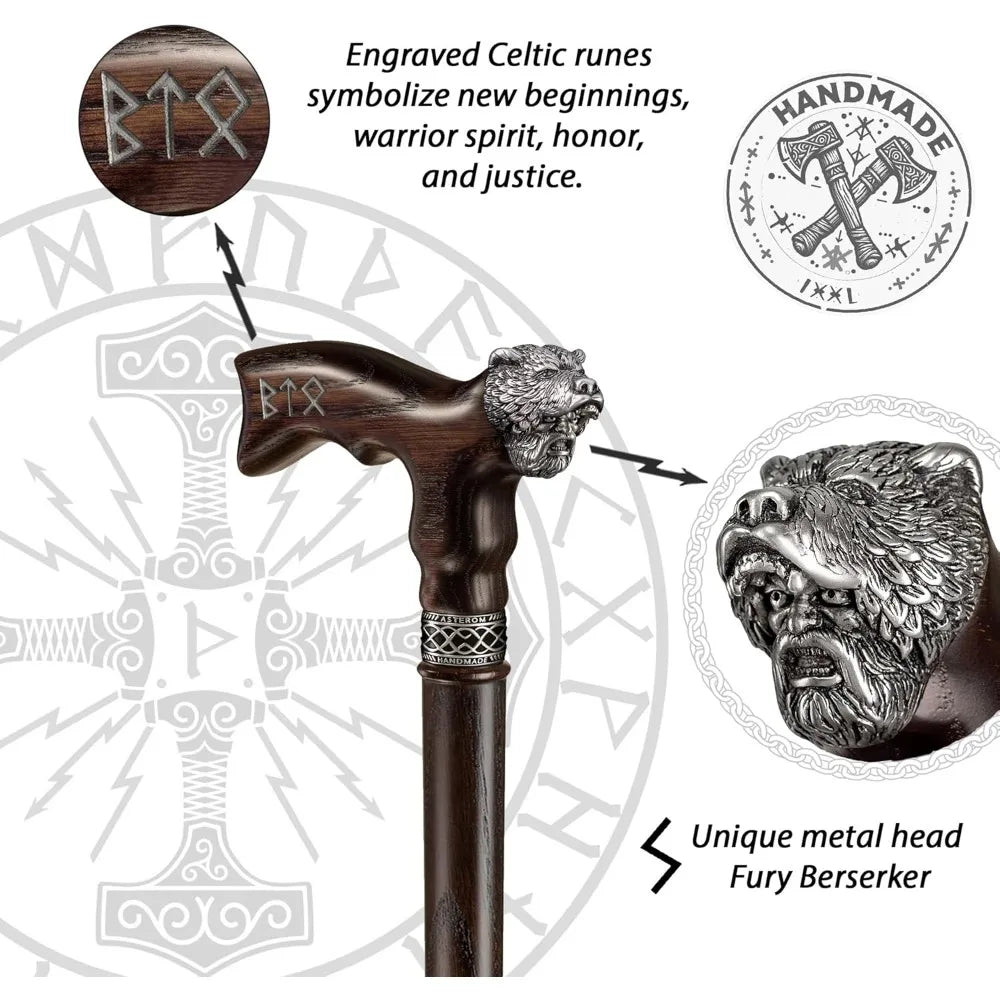 Handcrafted Viking-Inspired Walking Stick for Men - Unique Wooden Canes for Men and Seniors (Berserker Style)