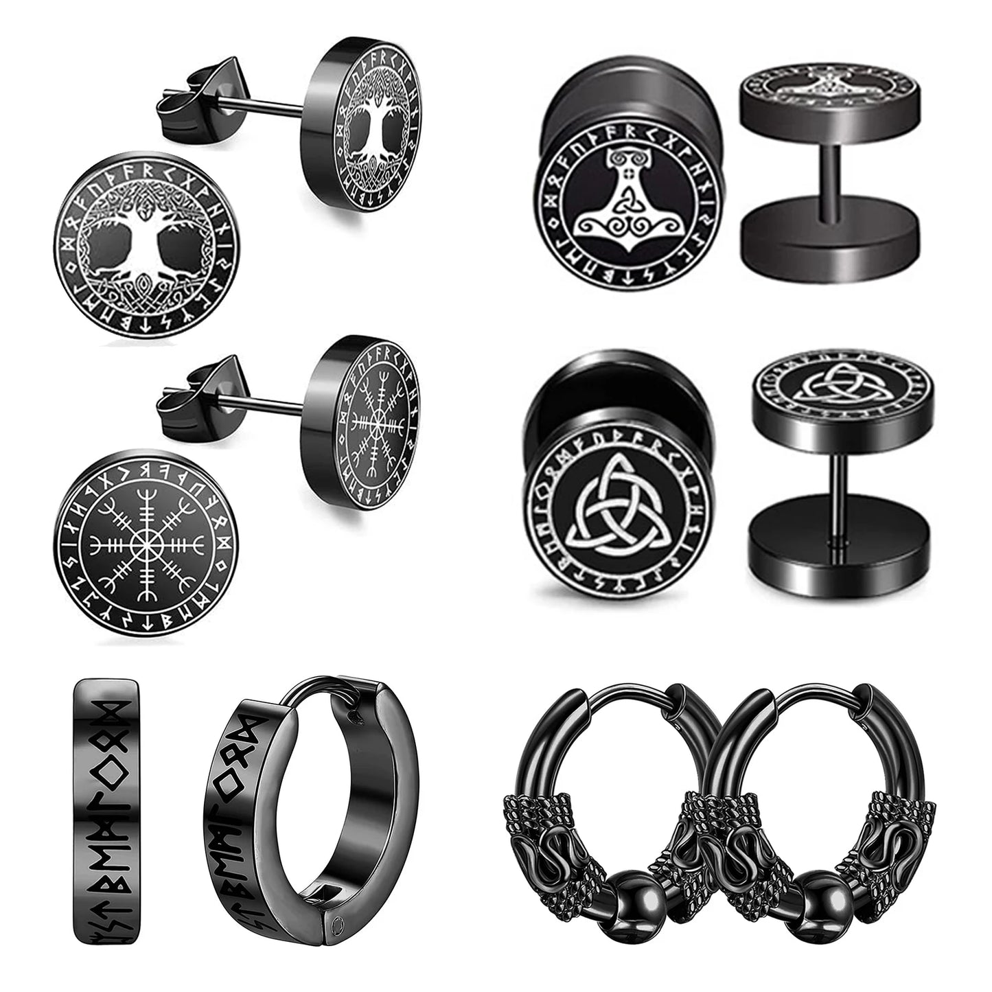 Boniskiss 6 Pairs Norse Viking Runes Hoop Earrings Stainless Steel Black Fake Plugs for Boys Men Women Piercing Ear Stud Jewelry