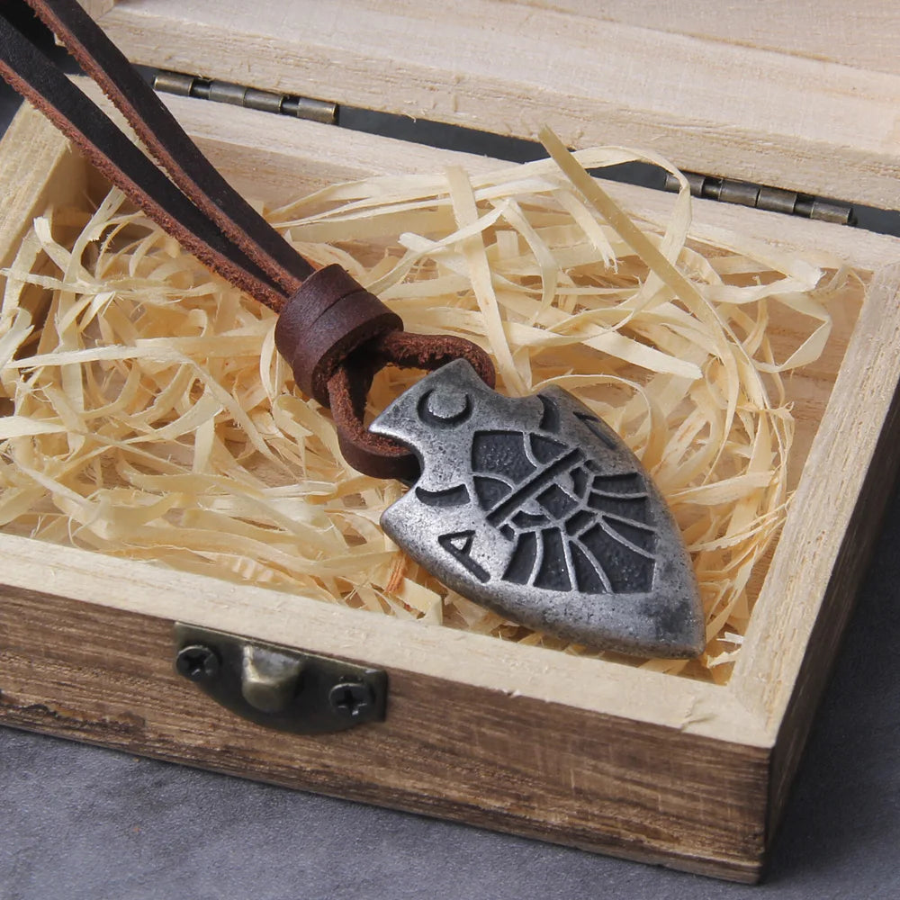 stainless steel Viking dragon spear Pendant Necklace with really cow leather chain As Men Gift with wooden box as gift