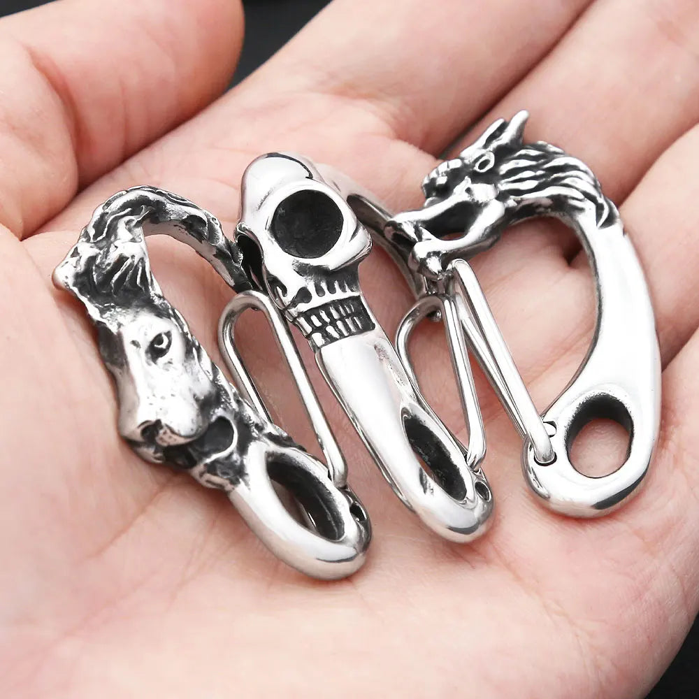 Stainless Steel Lion Head Keychain Men Skull Buckle Key Ring Carabiner Jewelry